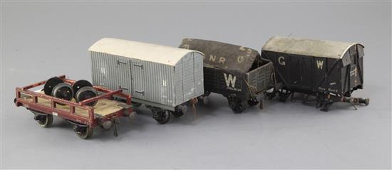 An LMS vehicle transporter wagon, no.7960, an HR box van no.213642, in grey, a GW box van, no.103542, in